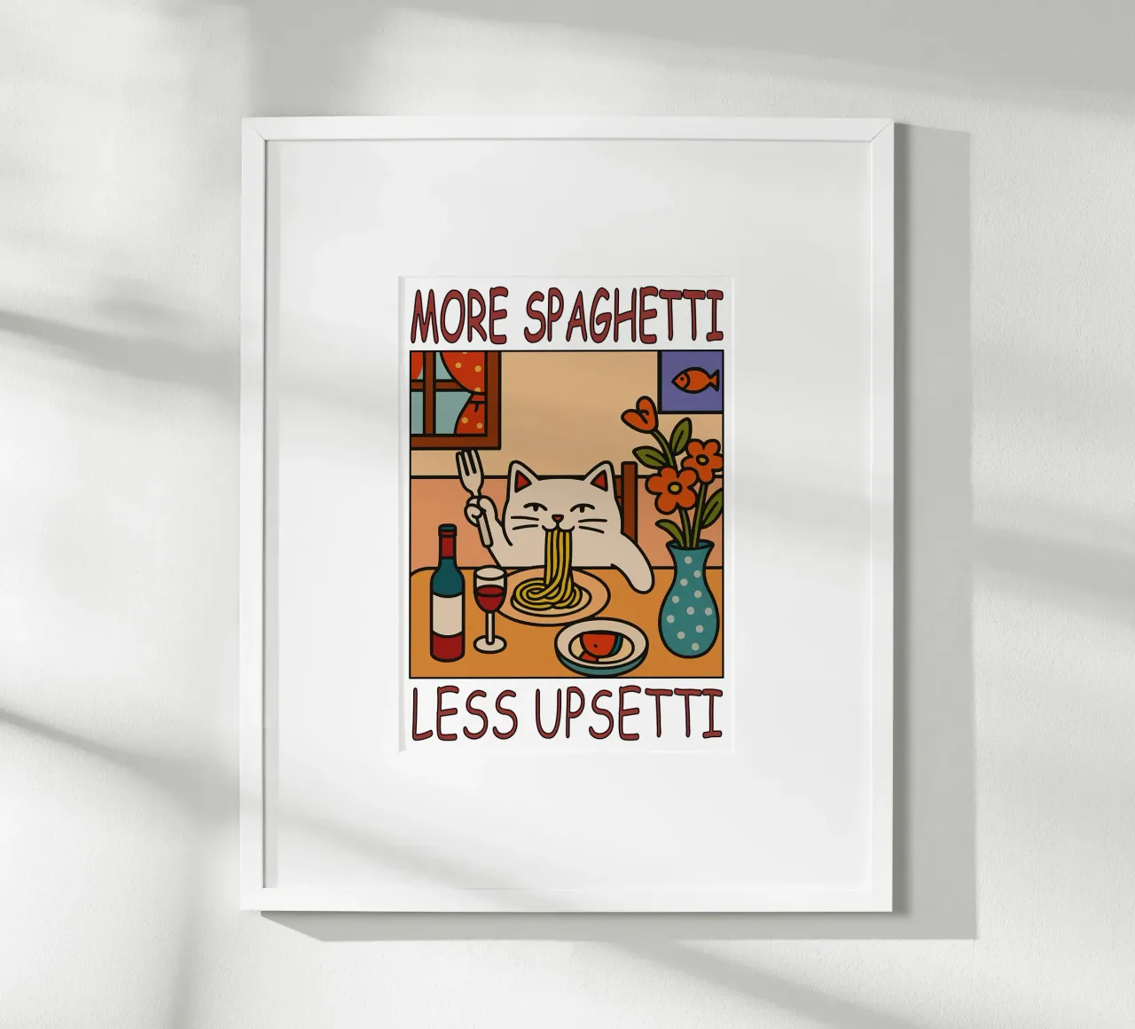 More Spaghetti Less Upsetti Cat Funny Kitchen poster con telaio in plastica da the gindils