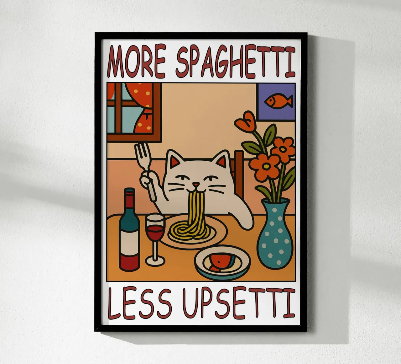 More Spaghetti Less Upsetti Cat Funny Kitchen poster con telaio in plastica da the gindils