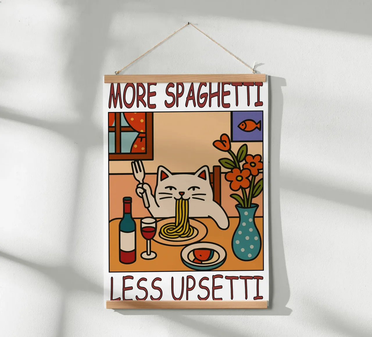 More Spaghetti Less Upsetti Cat Funny Kitchen poster con telaio in plastica da the gindils