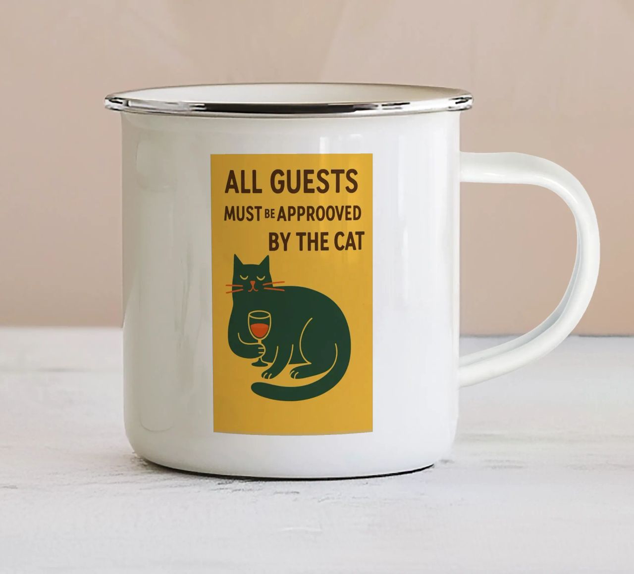 Tutti gli ospiti devono essere approvati dal Gatto tazza in smalto da the gindils