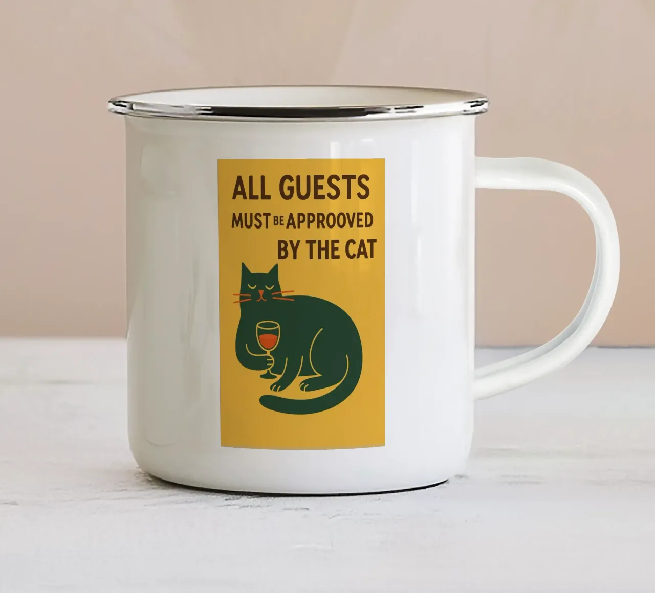 Tutti gli ospiti devono essere approvati dal Gatto tazza in smalto da the gindils