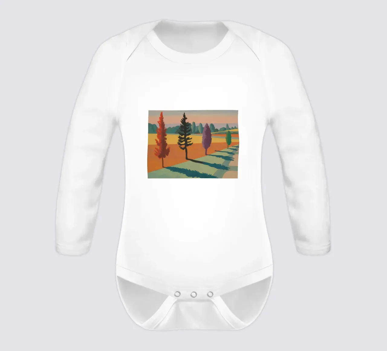 Rainbow Tree Lane long-sleeve baby romper by Mystic Grain