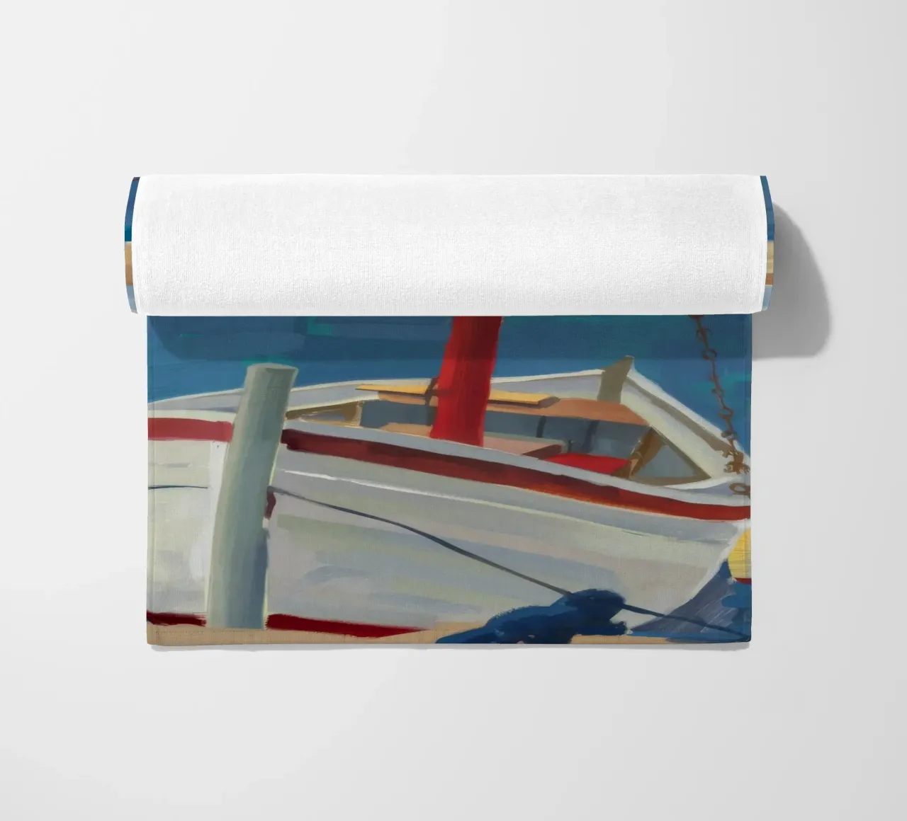Harbor Boat Float beach towel by Mystic Grain