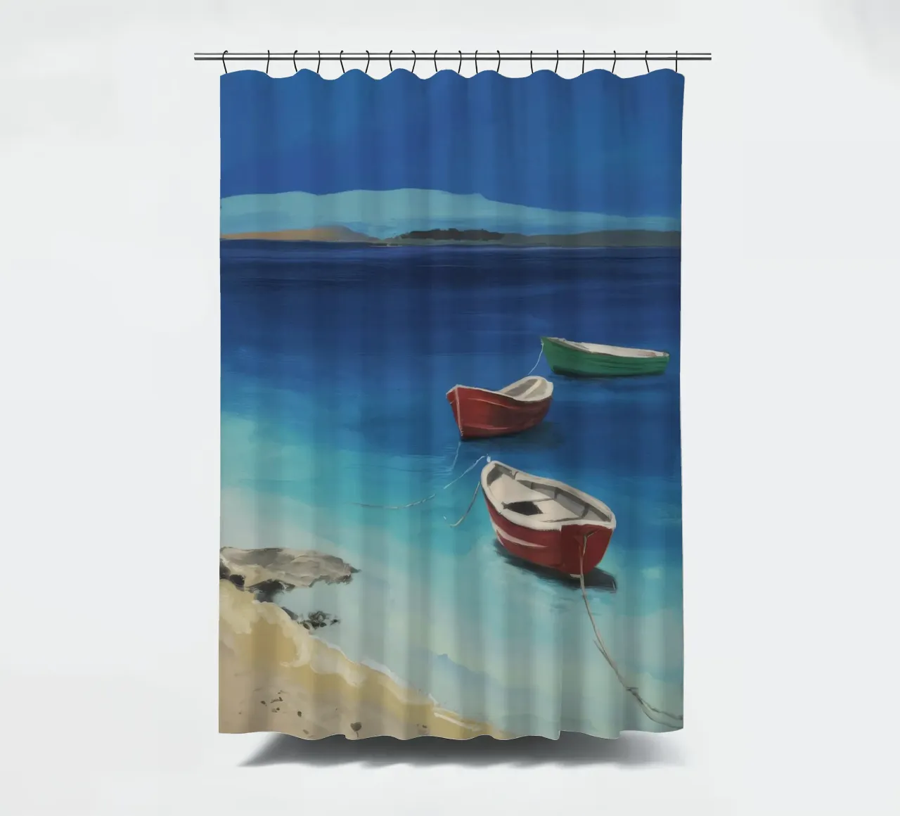 Sapphire Shore Boote Duschvorhang von Mystic Grain