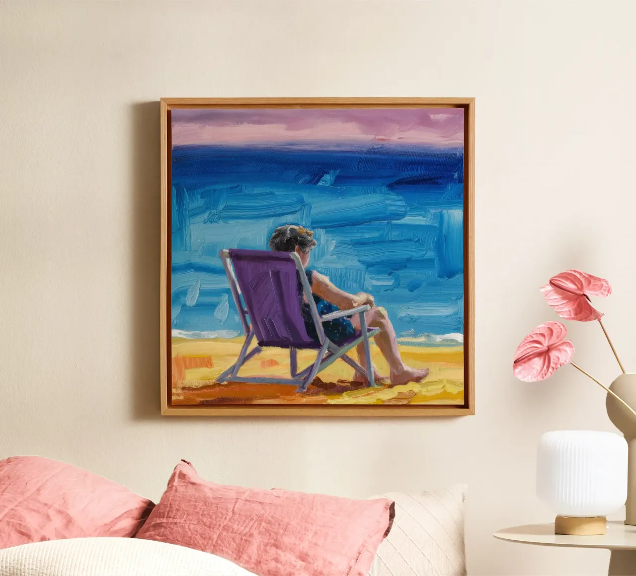 Seaside Reading Pause canvas with Floater frame by Mystic Grain
