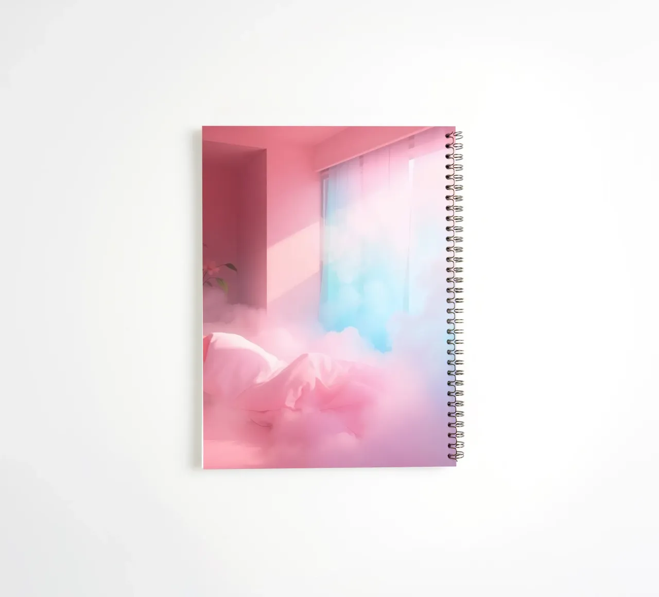 Dreamy pink room with soft clouds and spiral notebook by DesignDoodle