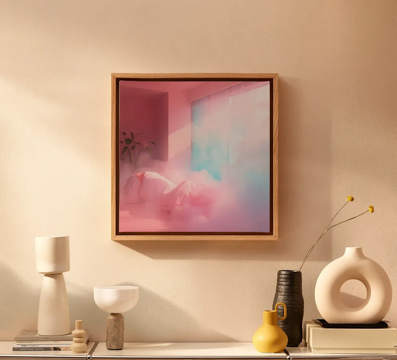 Dreamy pink room with soft clouds and canvas with Floater frame by DesignDoodle