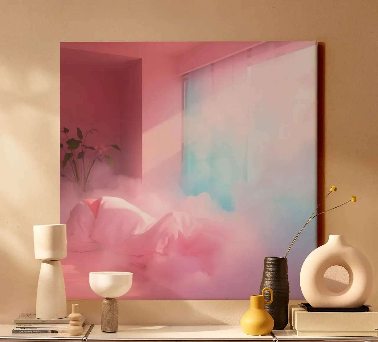 Dreamy pink room with soft clouds and canvas with Floater frame by DesignDoodle