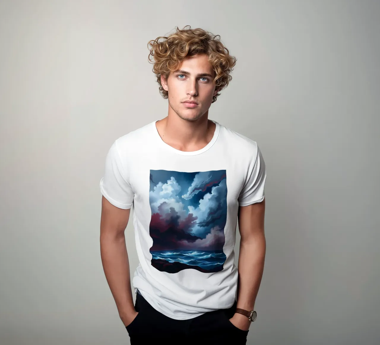 Dynamischer stürmischer Himmel über stürmischen Meereswellen in der Dämmerung T-Shirt von DesignDoodle
