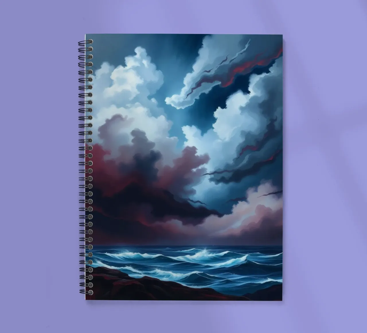 Dynamic stormy sky over turbulent ocean waves twilight spiral notebook by DesignDoodle