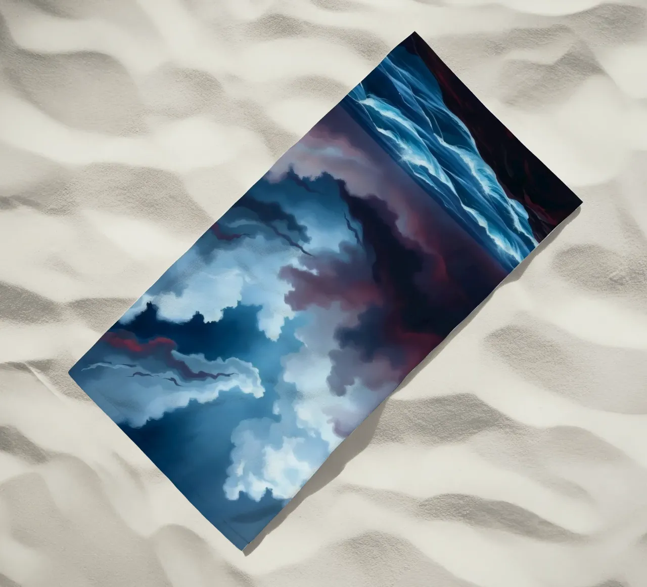 Dynamic stormy sky over turbulent ocean waves twilight beach towel by DesignDoodle