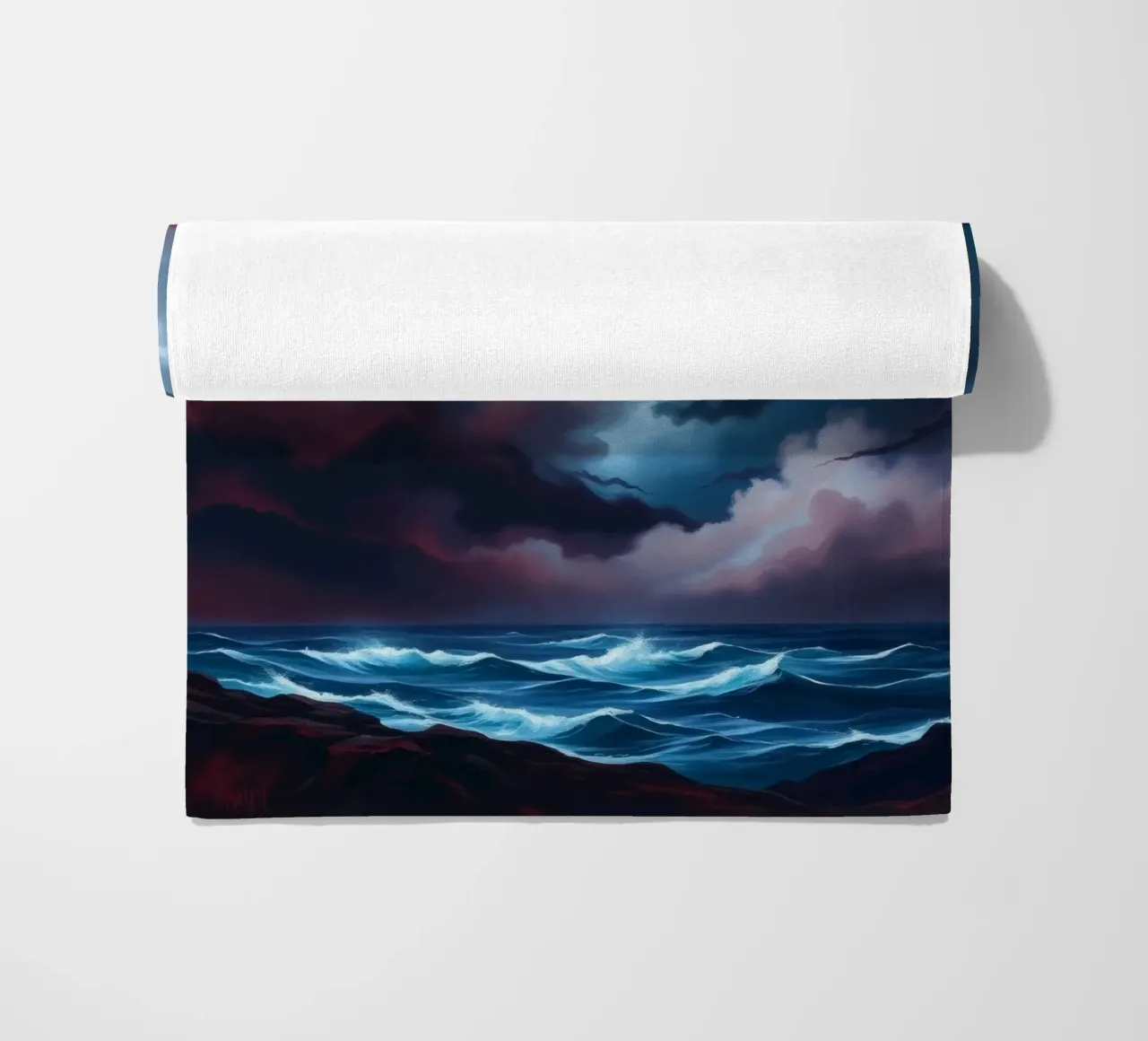 Dynamic stormy sky over turbulent ocean waves twilight beach towel by DesignDoodle