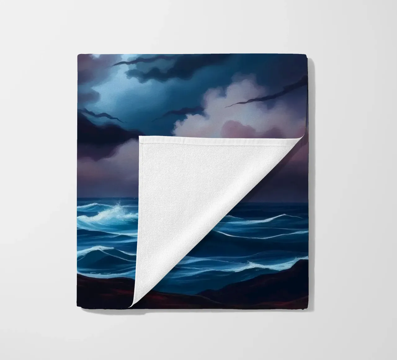 Dynamic stormy sky over turbulent ocean waves twilight beach towel by DesignDoodle