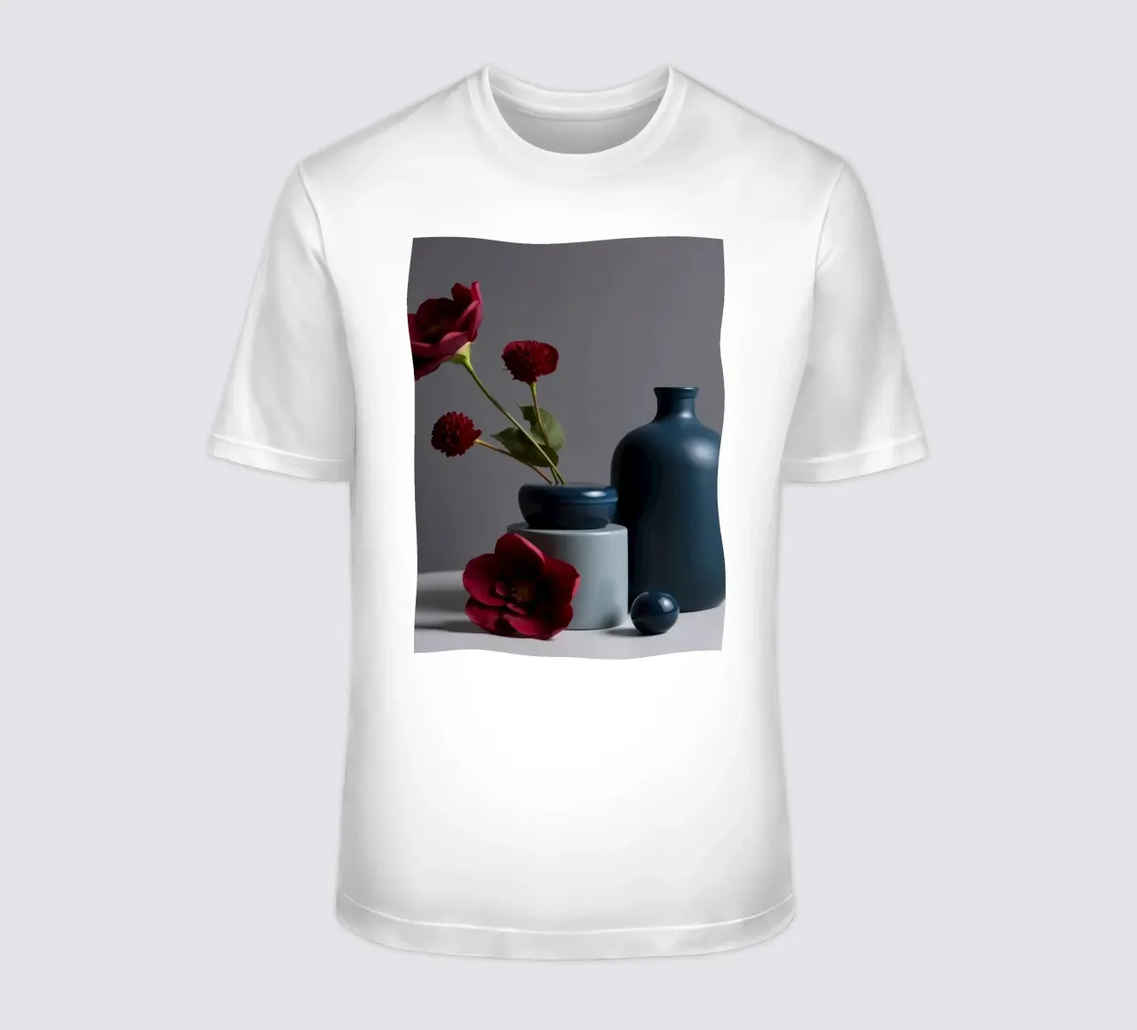 vasi blu scuro con fiori vivaci su un tavolo minimalista t-shirt da DesignDoodle