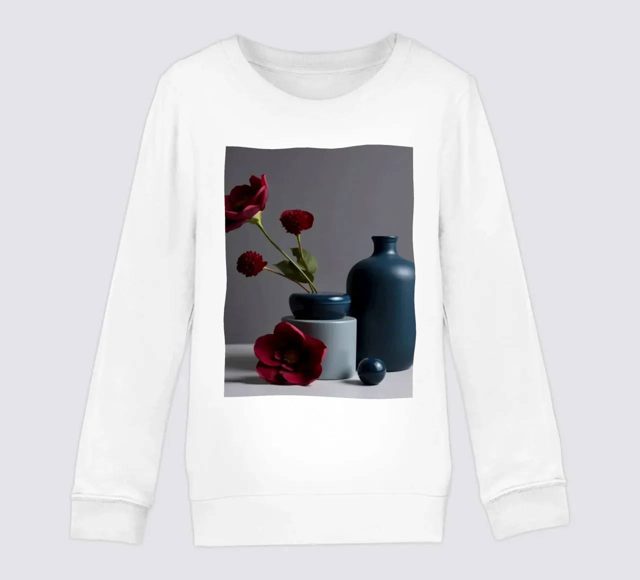 dark blue vases with vibrant flowers on a minimalist table kids sweatshirt by DesignDoodle