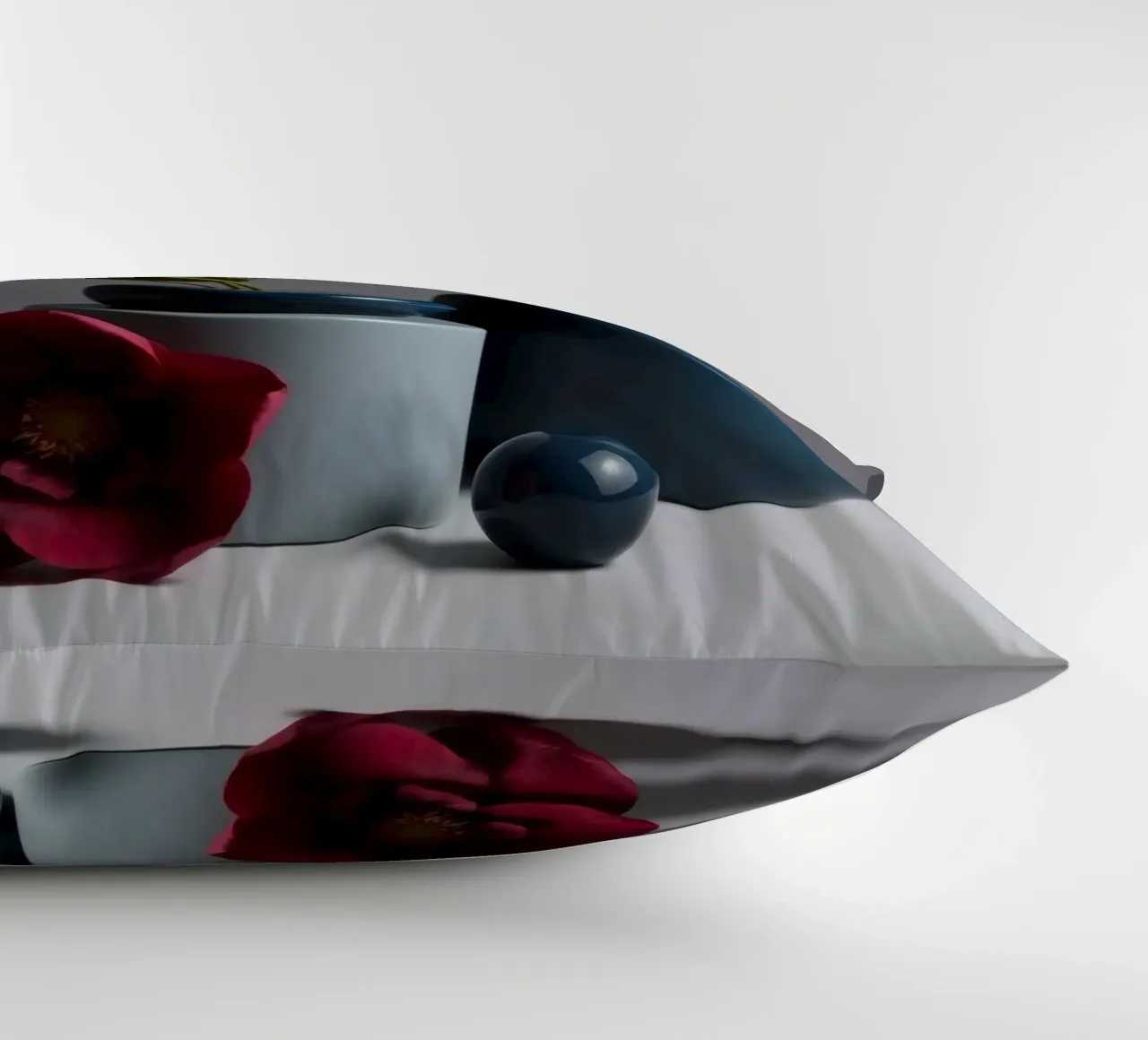 vasi blu scuro con fiori vivaci su un tavolo minimalista cuscino da DesignDoodle