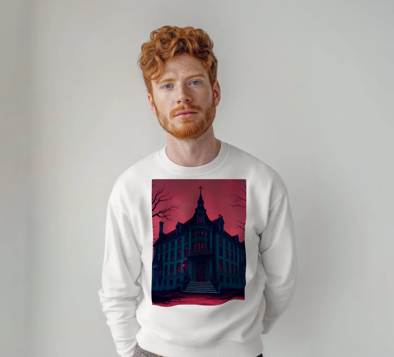 Il palazzo gotico si staglia minaccioso contro un cielo rosso sangue durante la felpa da DesignDoodle