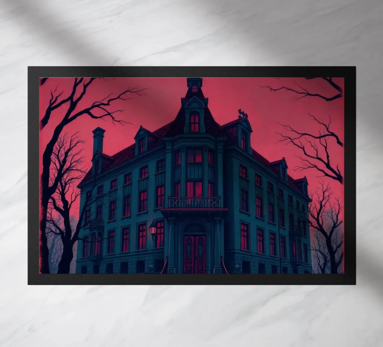 Il palazzo gotico si staglia minaccioso contro un cielo rosso sangue durante la zerbino da DesignDoodle