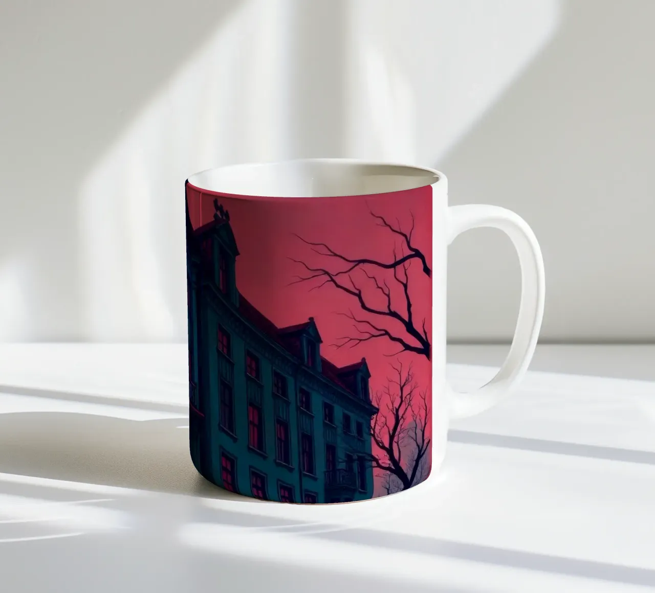Il palazzo gotico si staglia minaccioso contro un cielo rosso sangue durante la tazza in ceramica da DesignDoodle