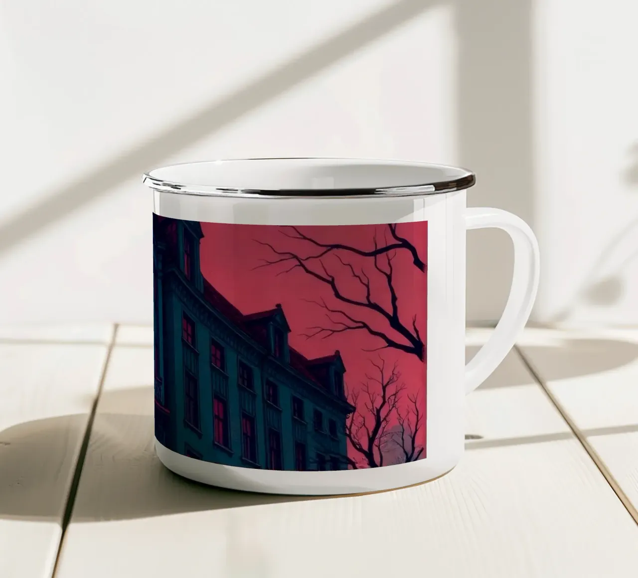 Il palazzo gotico si staglia minaccioso contro un cielo rosso sangue durante la tazza in smalto da DesignDoodle