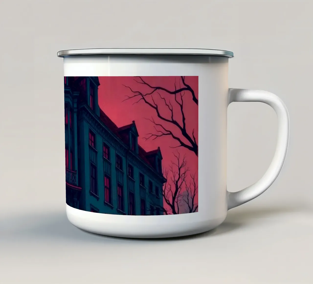 Il palazzo gotico si staglia minaccioso contro un cielo rosso sangue durante la tazza in smalto da DesignDoodle