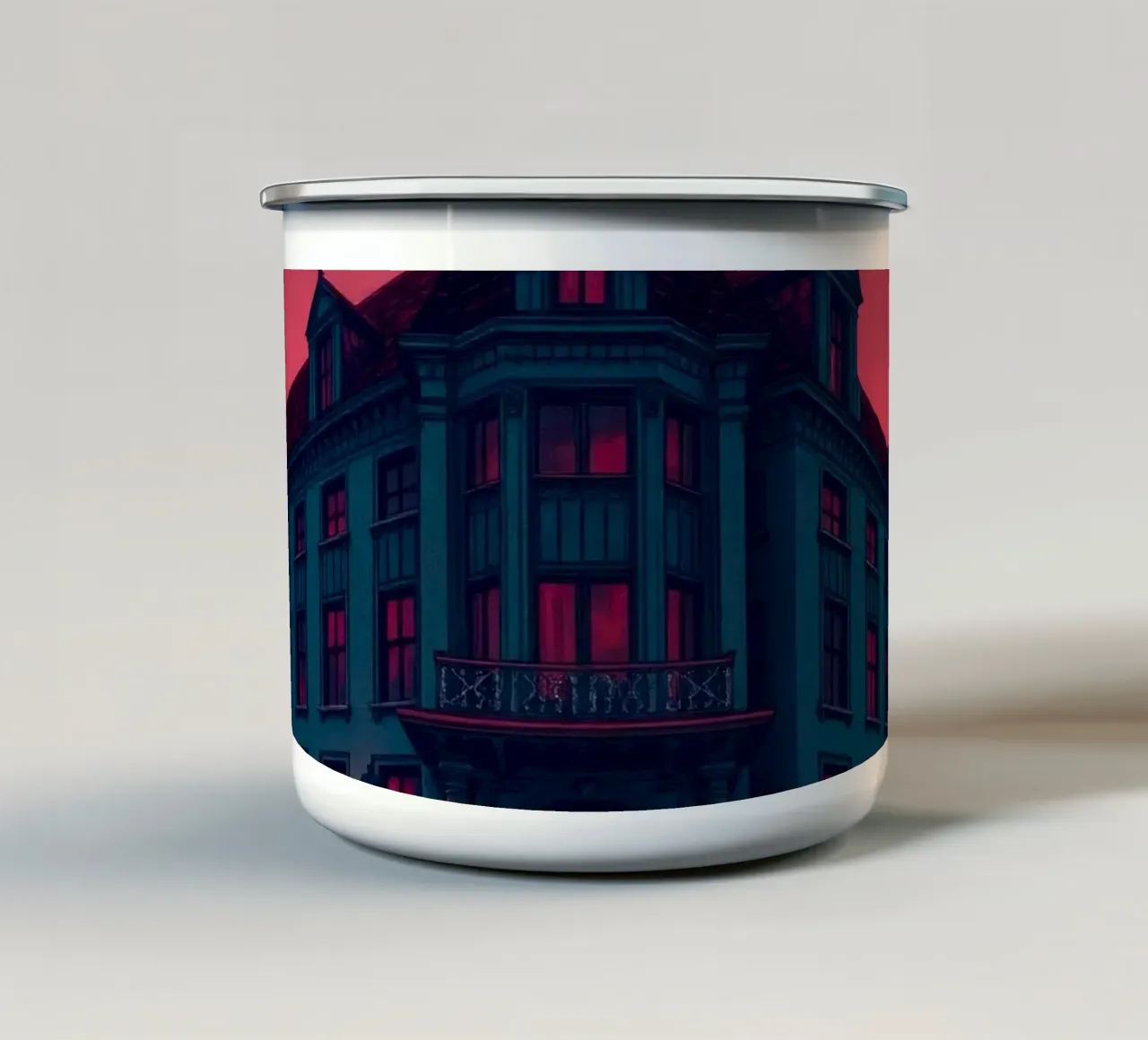 Il palazzo gotico si staglia minaccioso contro un cielo rosso sangue durante la tazza in smalto da DesignDoodle