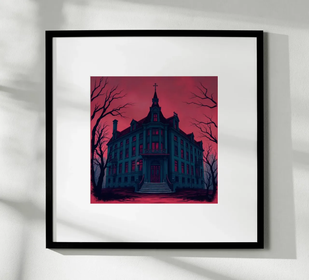 Il palazzo gotico si staglia minaccioso contro un cielo rosso sangue durante la carta hahnemühle da DesignDoodle