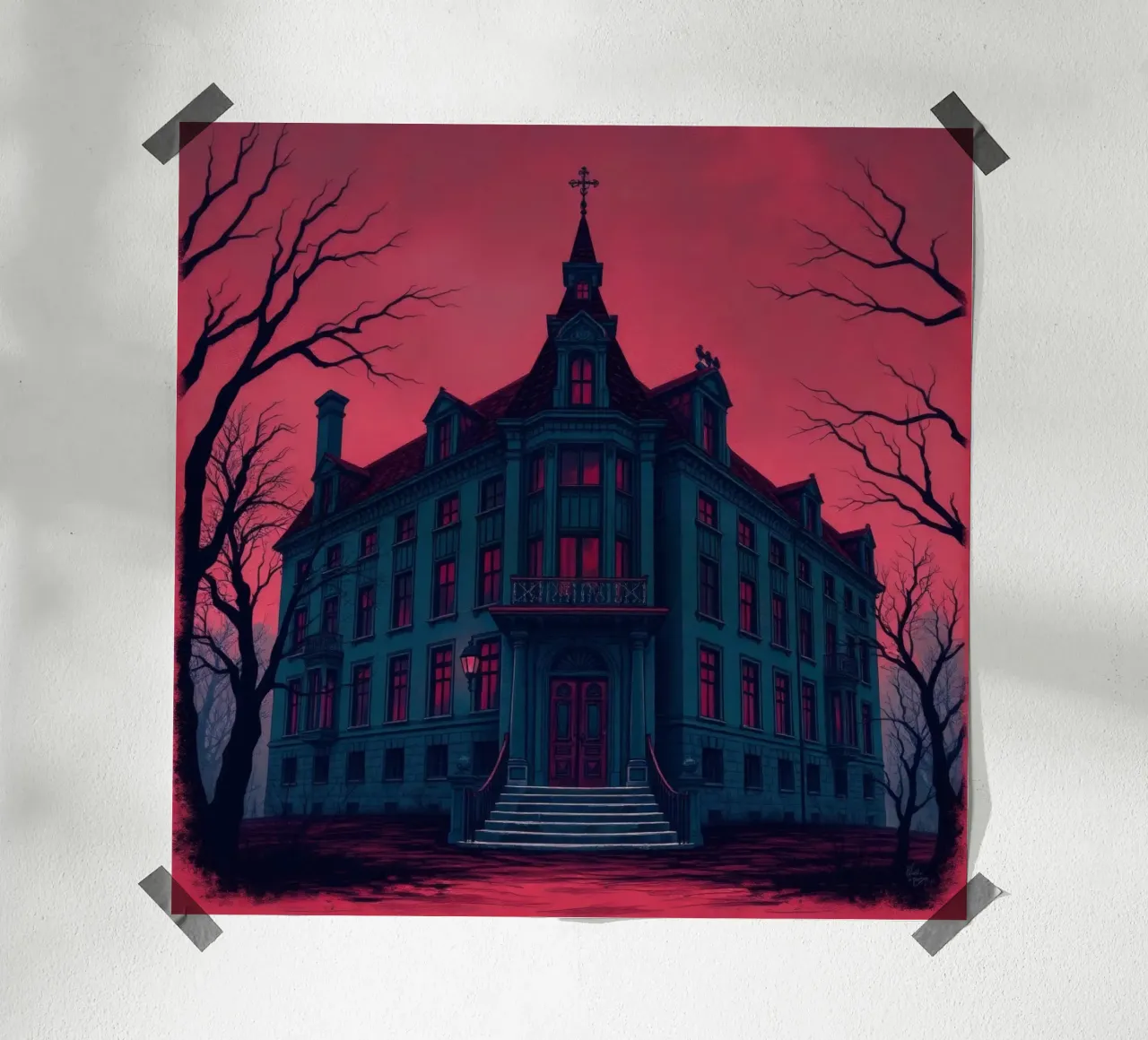 Il palazzo gotico si staglia minaccioso contro un cielo rosso sangue durante la carta hahnemühle da DesignDoodle