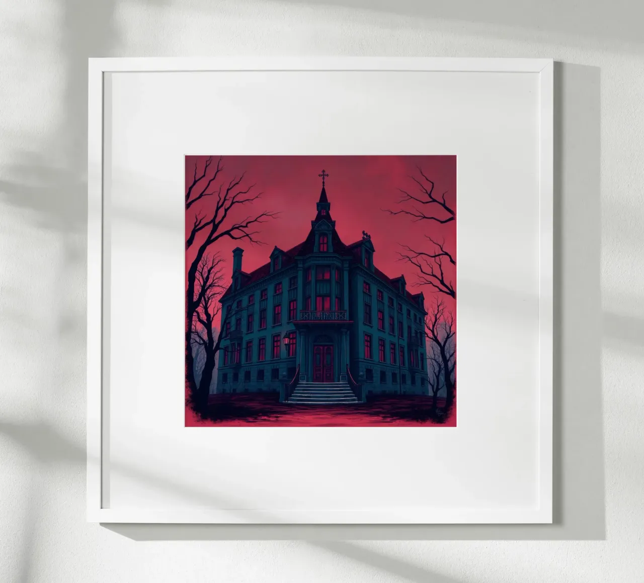 Il palazzo gotico si staglia minaccioso contro un cielo rosso sangue durante la carta hahnemühle da DesignDoodle