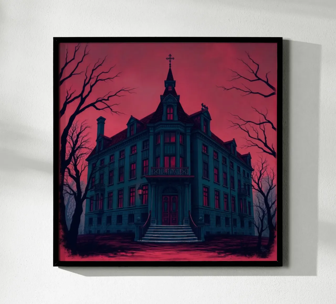 Il palazzo gotico si staglia minaccioso contro un cielo rosso sangue durante la carta hahnemühle da DesignDoodle