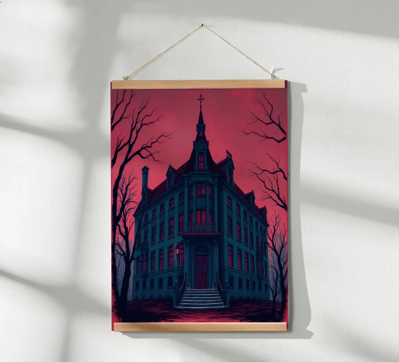 Il palazzo gotico si staglia minaccioso contro un cielo rosso sangue durante la carta hahnemühle da DesignDoodle