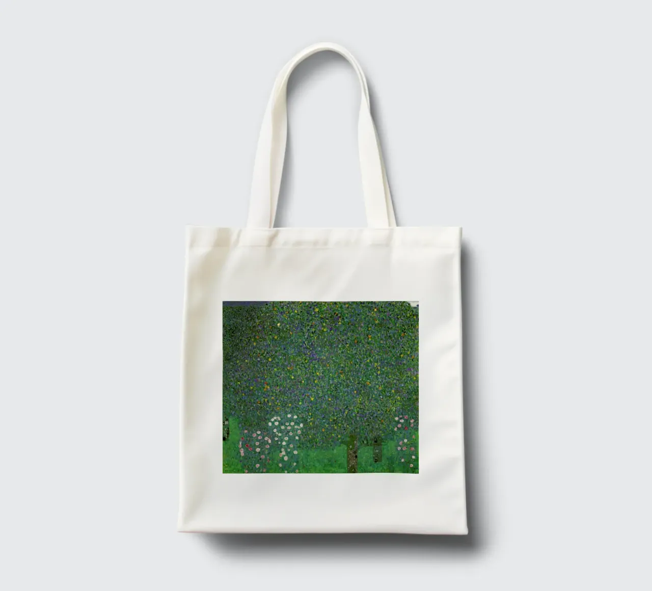 Klimt - Rose Bushes under Trees borsa in juta da ARTOTHEK