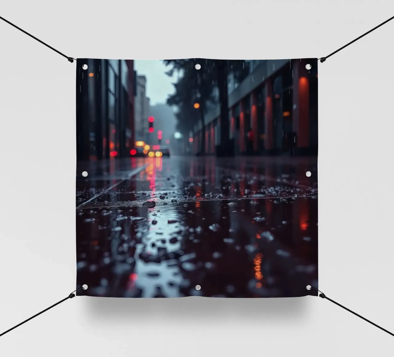 La strada bagnata dalla pioggia riflette le luci della città di sera telo in pvc da DesignDoodle