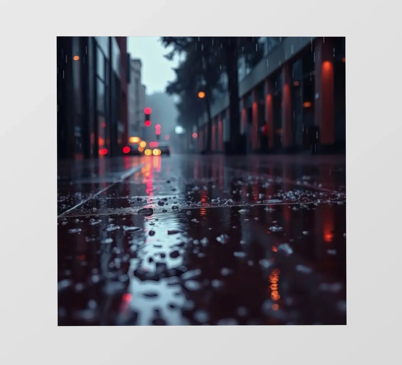 La strada bagnata dalla pioggia riflette le luci della città di sera telo in pvc da DesignDoodle