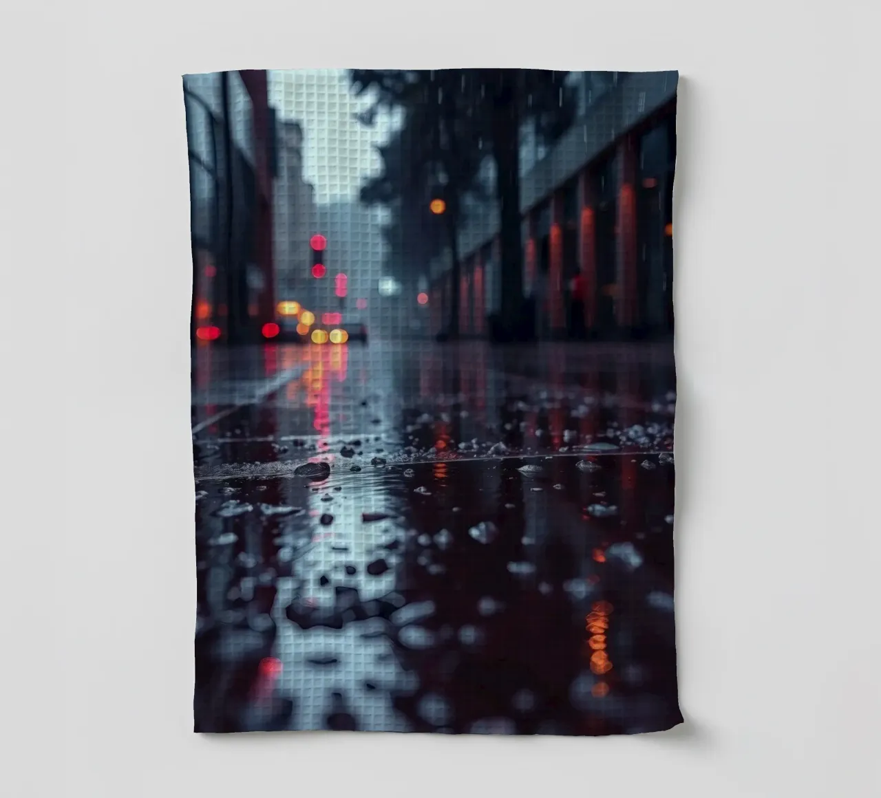 Une rue détrempée par la pluie reflète les lumières de la ville dans la soirée torchon de DesignDoodle