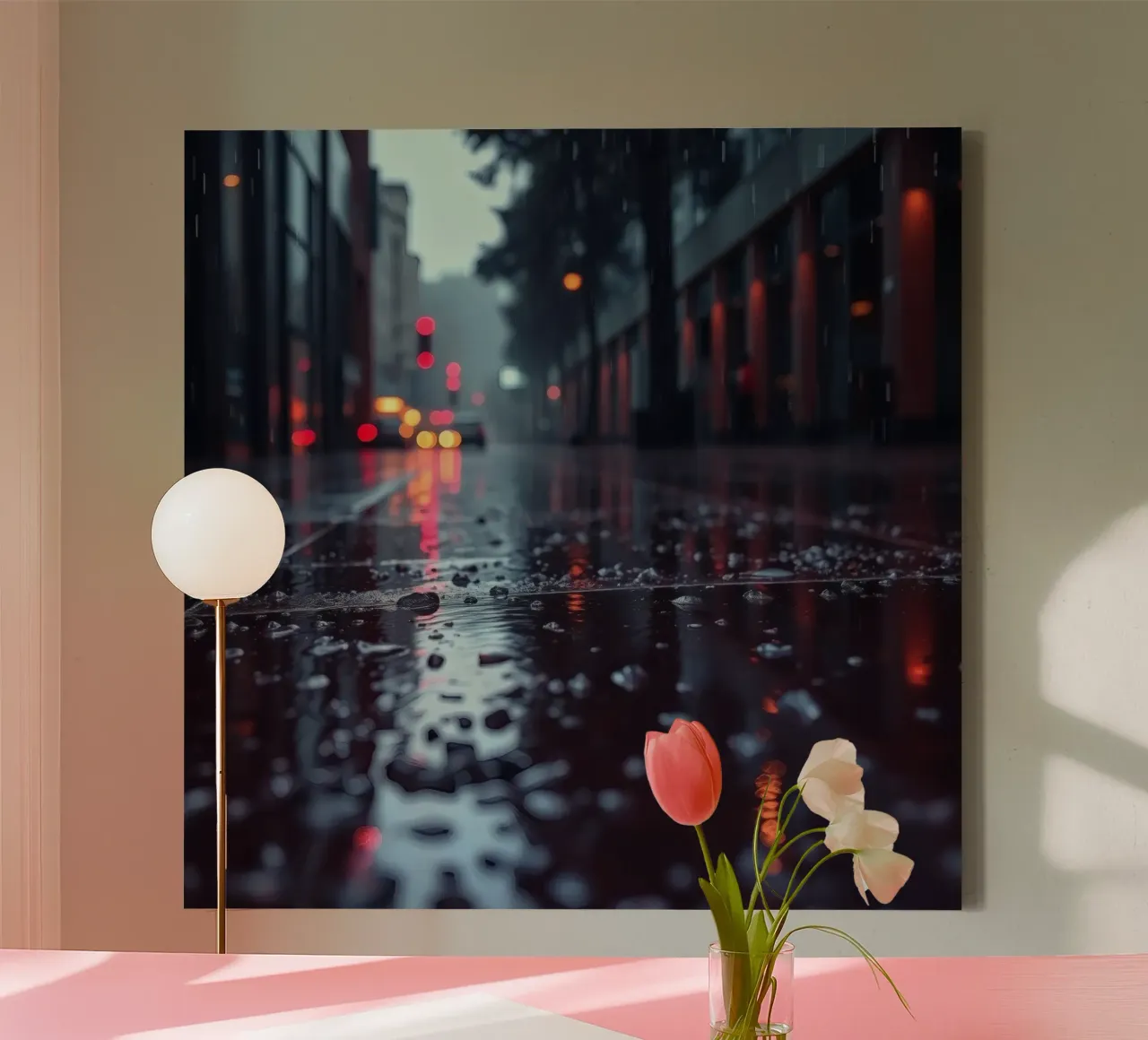 La strada bagnata dalla pioggia riflette le luci della città di sera tela con Cornice a cassetta da DesignDoodle