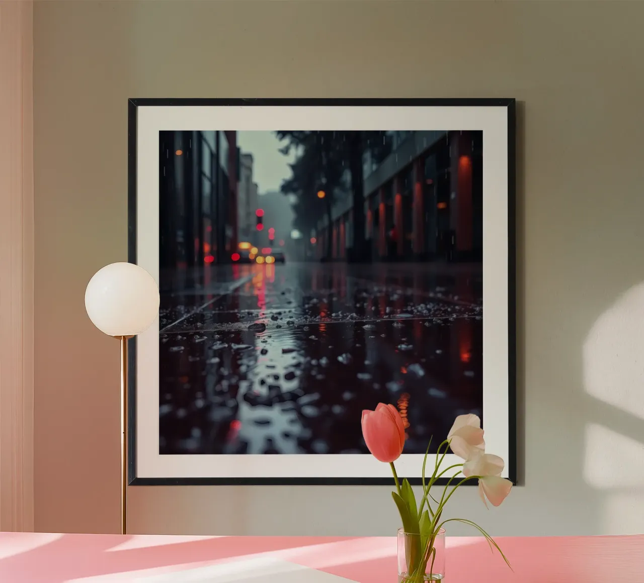 La strada bagnata dalla pioggia riflette le luci della città di sera poster con telaio in alluminio da DesignDoodle