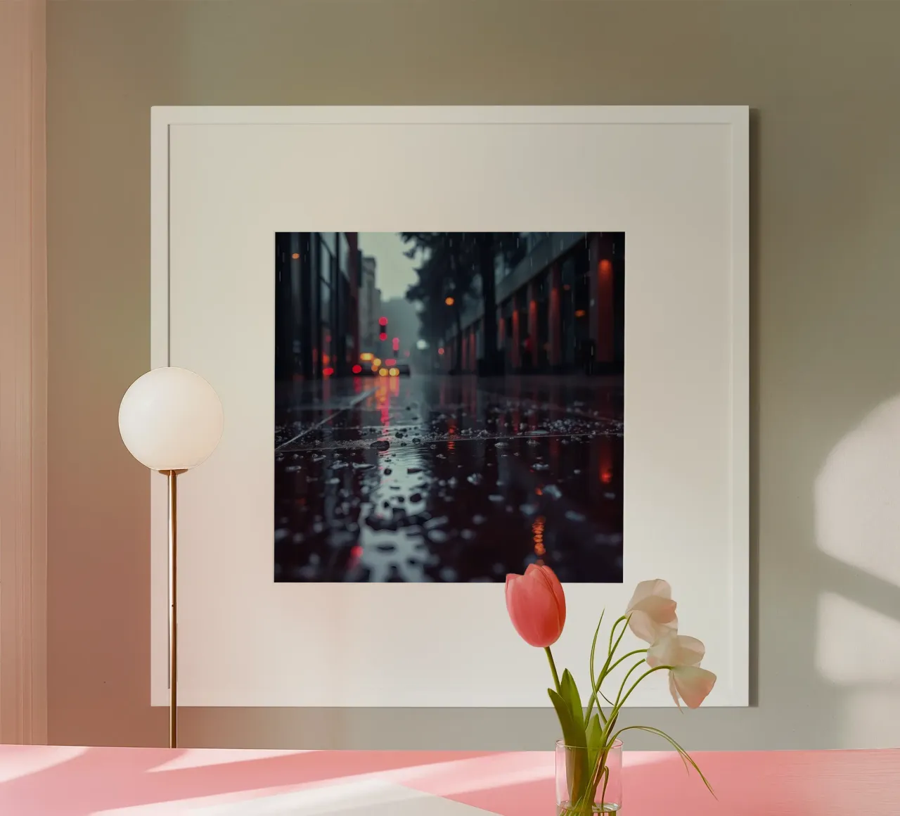 La strada bagnata dalla pioggia riflette le luci della città di sera poster con telaio in alluminio da DesignDoodle
