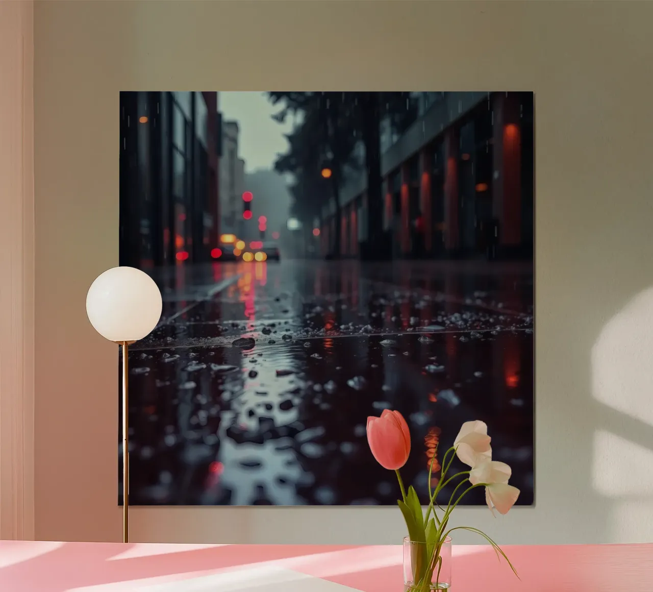 La strada bagnata dalla pioggia riflette le luci della città di sera poster con telaio in alluminio da DesignDoodle