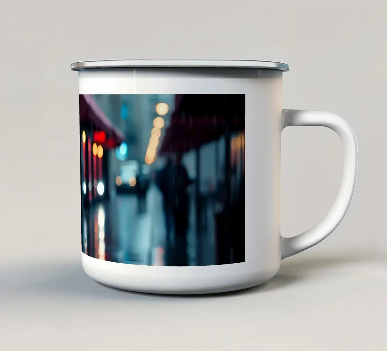 Ombrello che cammina lungo una strada piovosa tazza in smalto da DesignDoodle