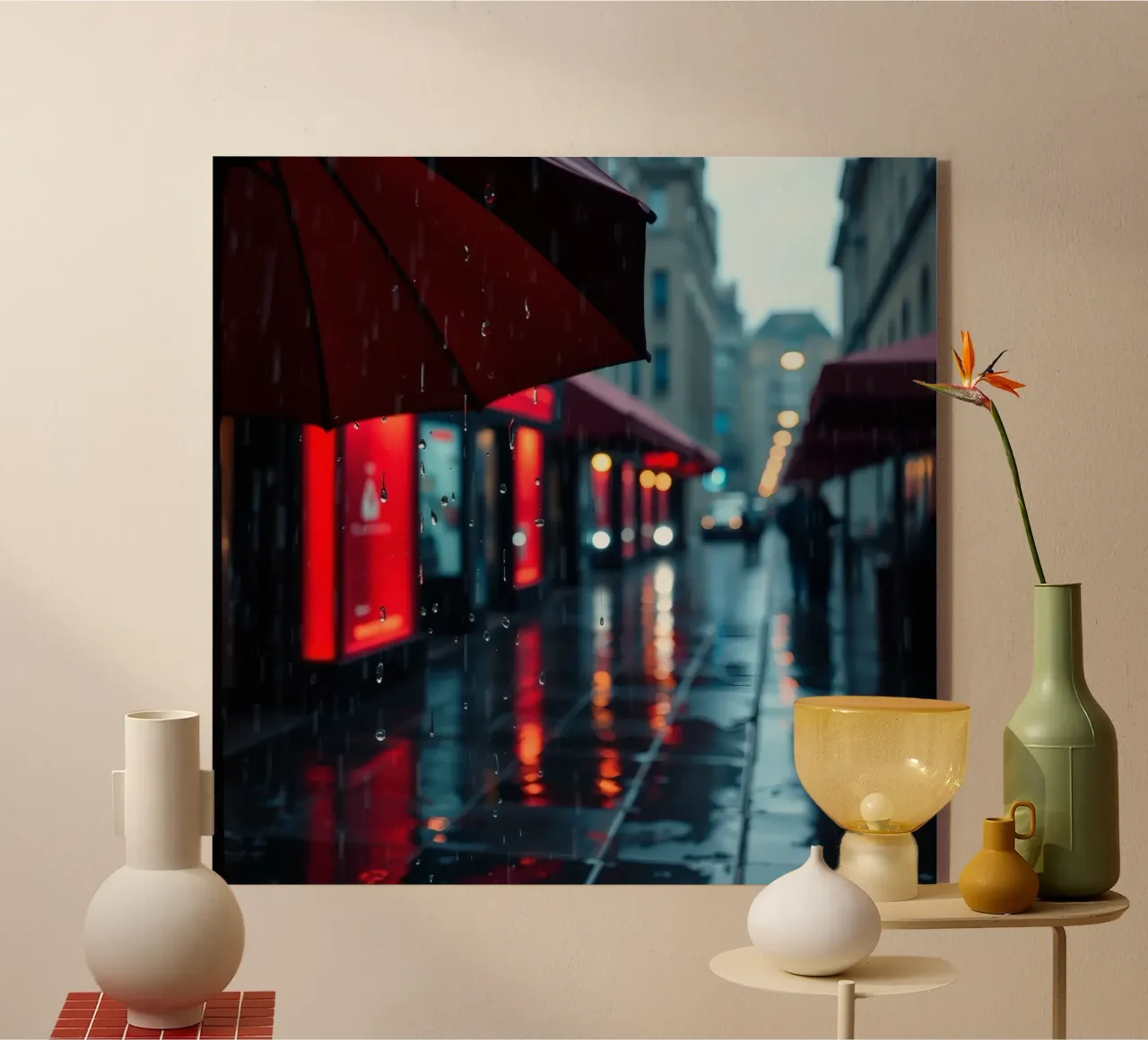 Ombrello che cammina lungo una strada piovosa plexiglass da DesignDoodle