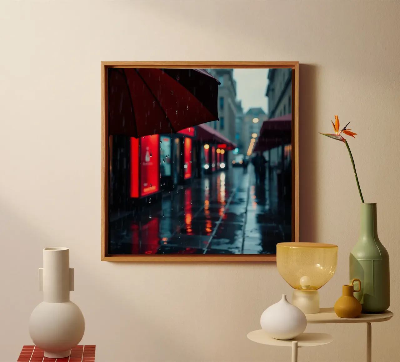 Ombrello che cammina lungo una strada piovosa tela con Cornice a cassetta da DesignDoodle