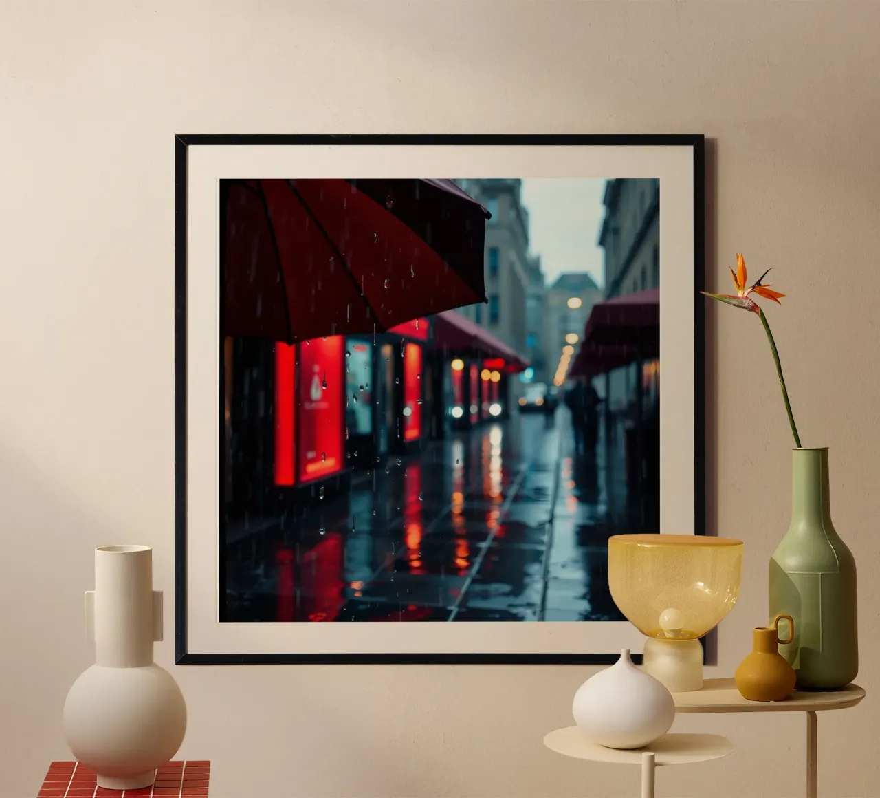 Marcher avec un parapluie dans une rue pluvieuse poster de DesignDoodle