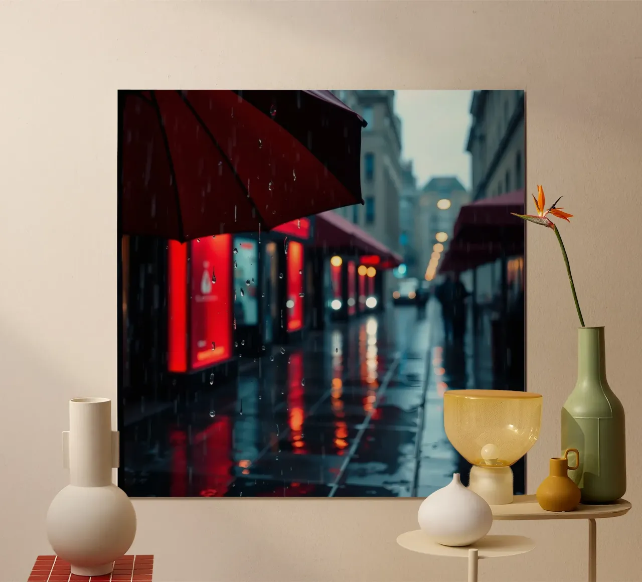 Marcher avec un parapluie dans une rue pluvieuse poster de DesignDoodle