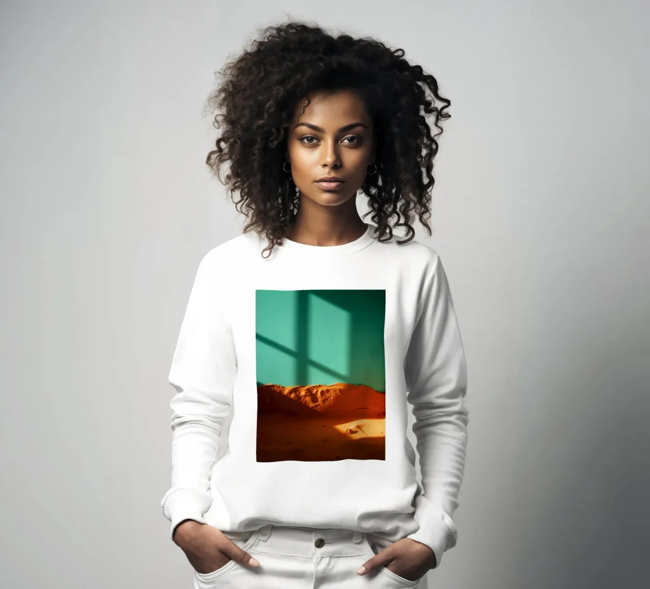 zonlicht werpt geometrische schaduwen op oranje zand en turkoois sweatshirt van DesignDoodle