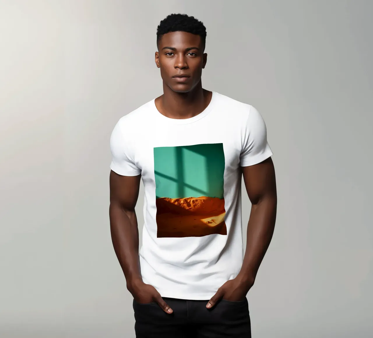 zonlicht werpt geometrische schaduwen op oranje zand en turkoois t-shirt van DesignDoodle