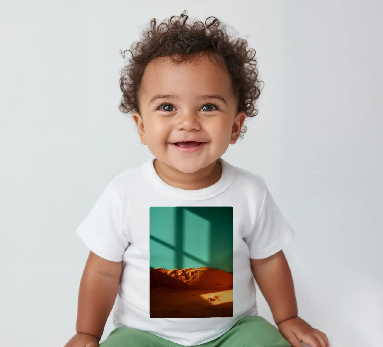 sunlight casts geometric shadows on orange sand and turquois baby t-shirt by DesignDoodle