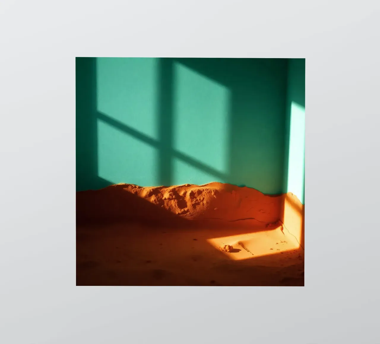 sunlight casts geometric shadows on orange sand and turquois sticker by DesignDoodle