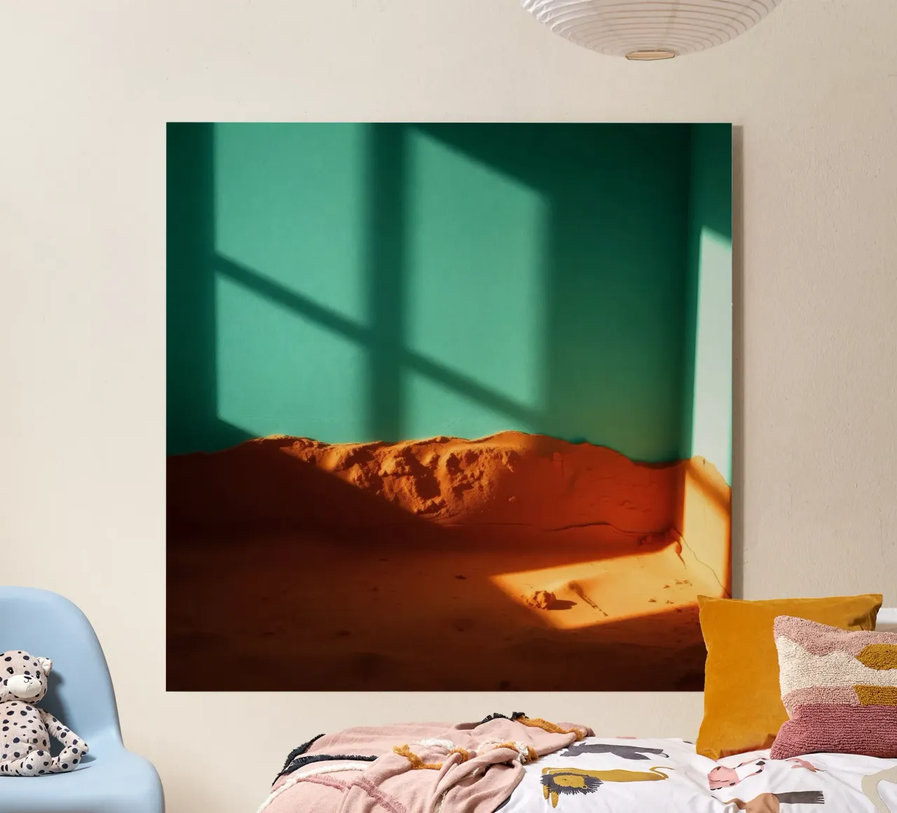 zonlicht werpt geometrische schaduwen op oranje zand en turkoois acryl van DesignDoodle