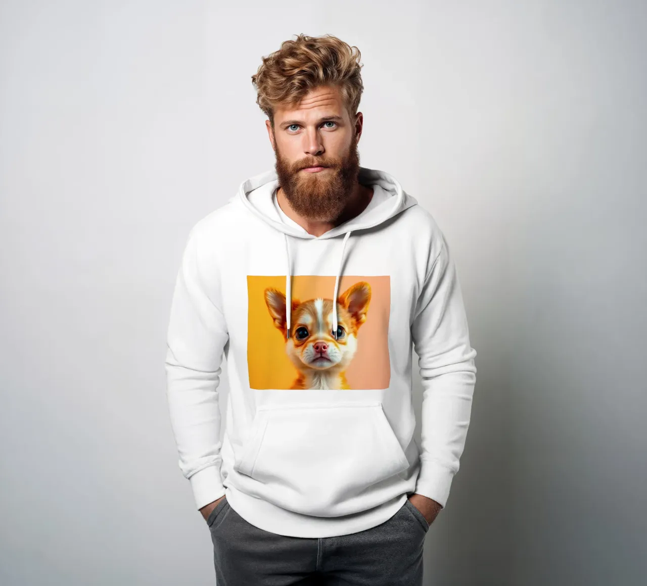 Un simpatico cucciolo di chihuahua con gli occhi grandi posa contro una vivace o felpa con cappuccio da DesignDoodle